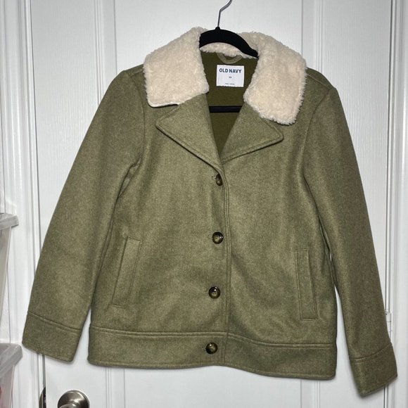 Old Navy Women's Soft-Brushed Sherpa-Trim Jacket Button Up Satin Moss XS New - Picture 1 of 15